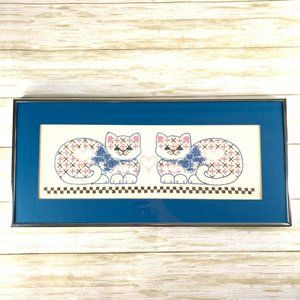 Vintage cat framed cross stitch blue